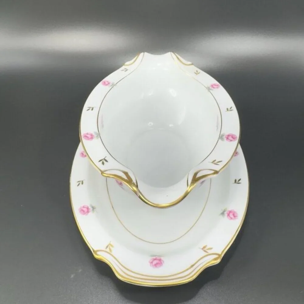 Noritake Rosalie Gravy Boat with Attached UnderPlate Sauce‎ Dish Porcelain Japan